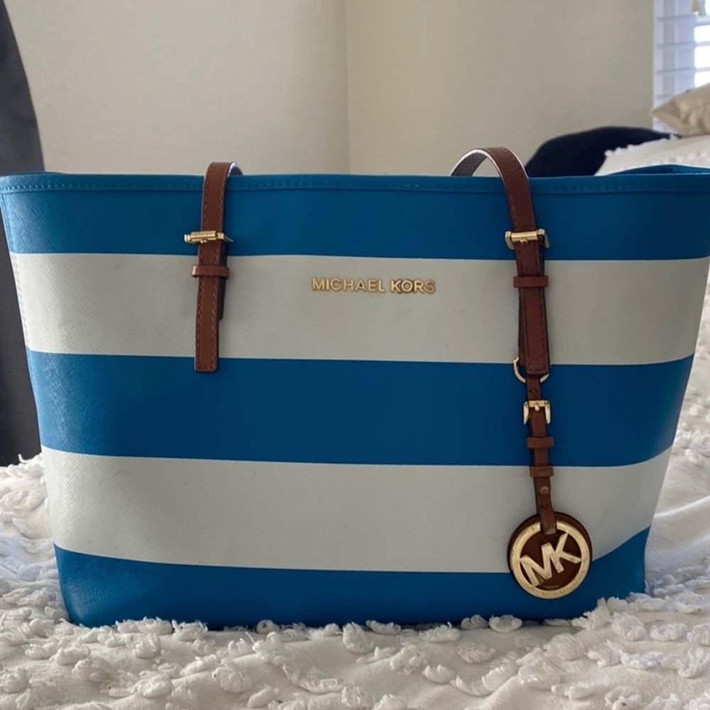 Michael Kors Blue and White Striped Tote Bag